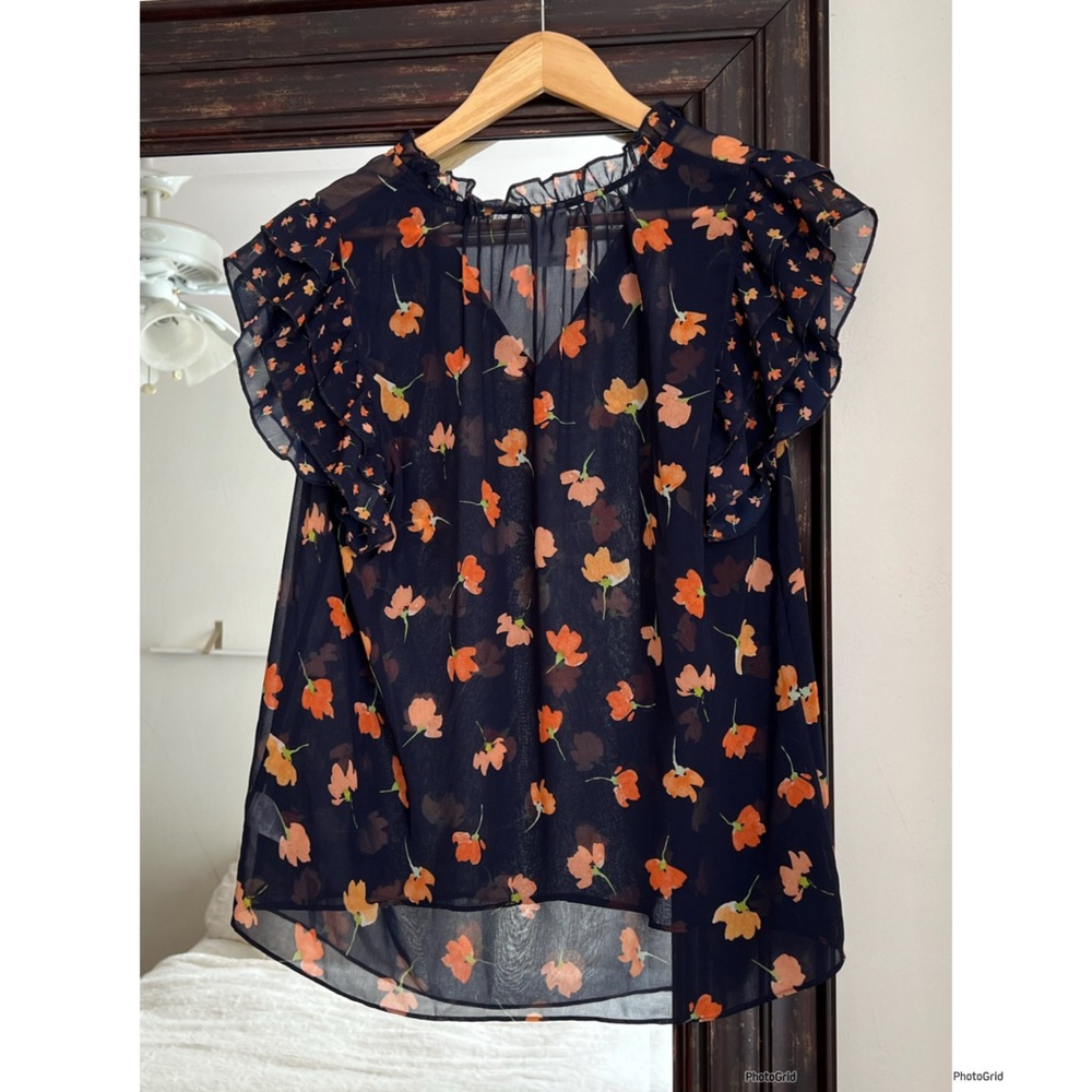 Cabi Sheer Navy Floral Flutter Sleeve Top #5522 - Picture 3 of 5